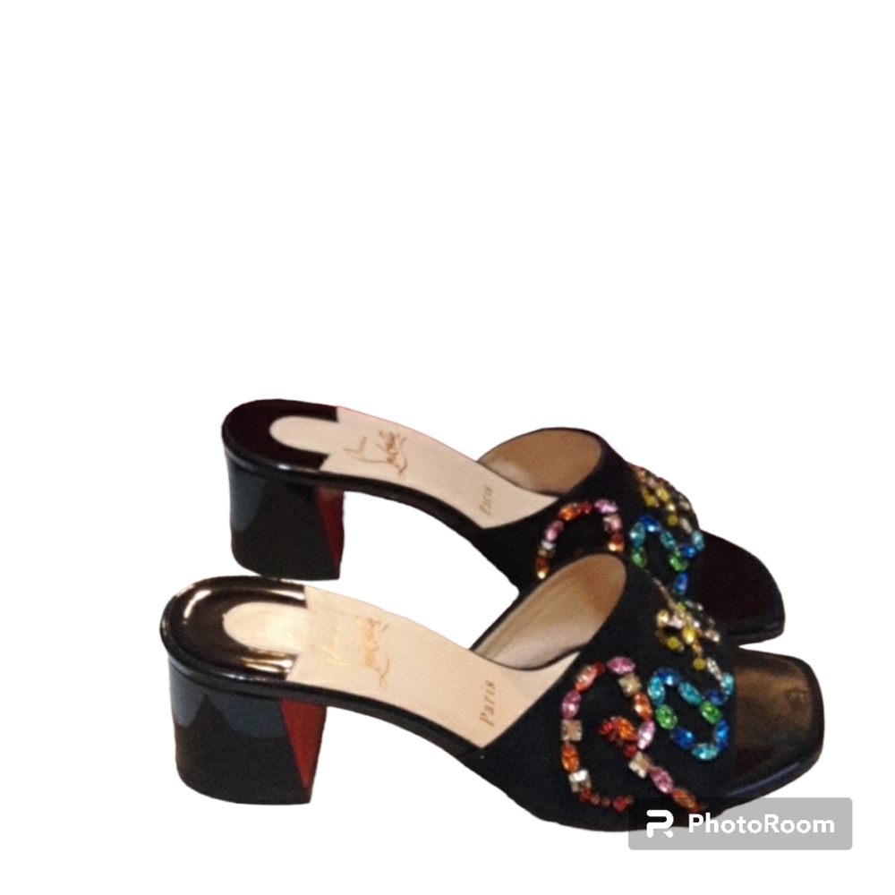 Christian Louboutin  Black Dear Paris 55 Crystal Beaded Chunk Heeled Sandals - Picture 7 of 11